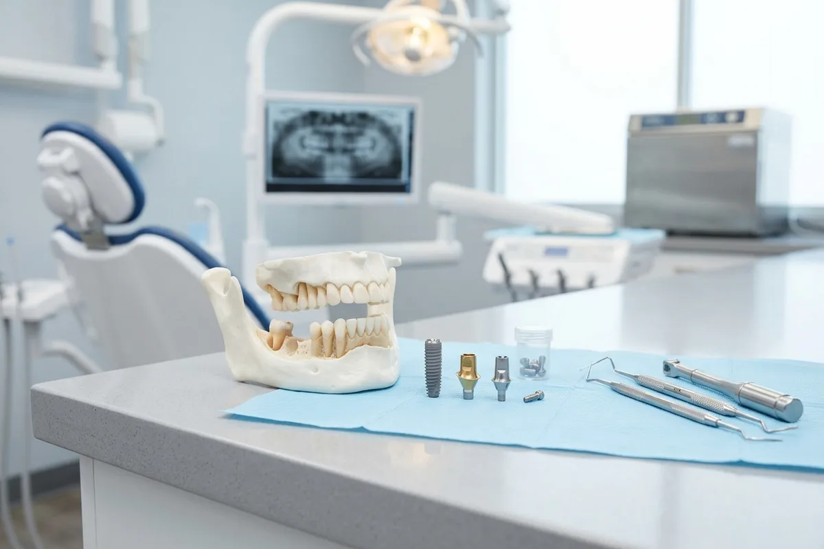 dental implants dental model and materials in a bright clinical setting