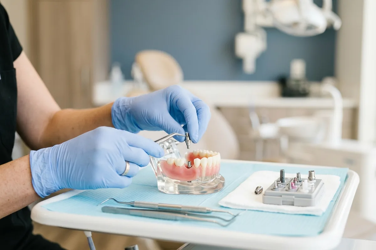 dental implants dental model and materials in a bright clinical setting