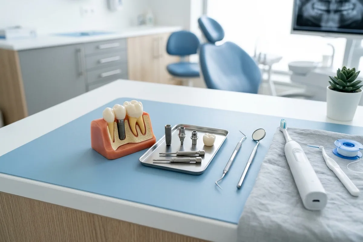 dental implants dental model and materials in a bright clinical setting